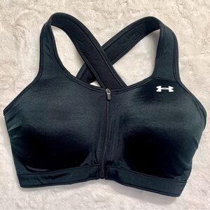 Under Armour Sports Bra Small (32-34) Black Front ZipUp Wide Straps Cross Back